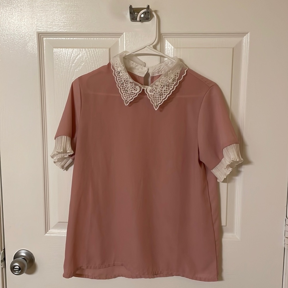 Vintage Cottagecore light flowy blouse with sweet frills and rhinestone collar